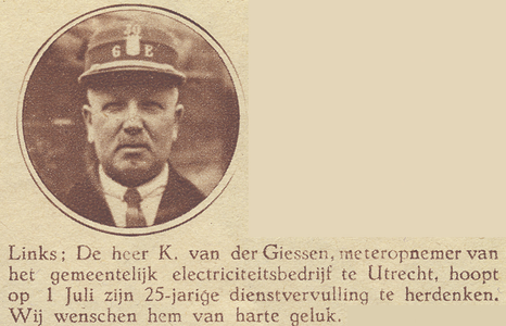 874032 Portret van K.C. van der Giessen (Croesestraat 27) te Utrecht, die 25 jaar meteropnemer is bij het gemeentelijk ...